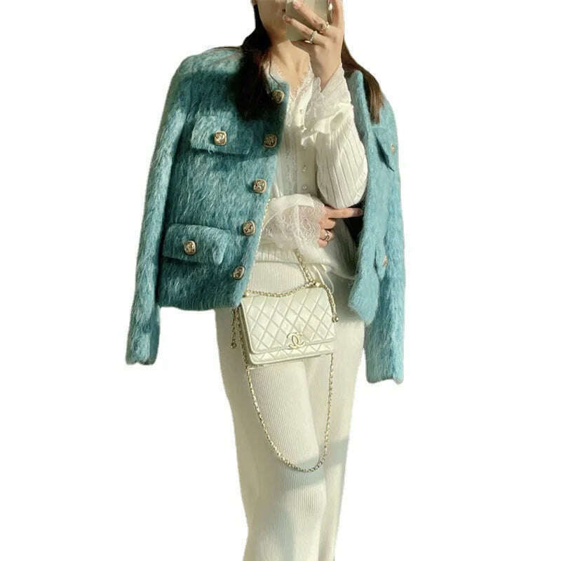 2023 Spring Autumn New Refined Elegant Temperament Round-Neck Wool Fur Short Coat Women Blue Jacket - KIMLUD