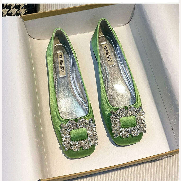 2023 Spring/Summer New Fashion Rhinestone Square Button Flat Bottom Shoes Satin Shallow Mouth Square Head Casual Women's Shoes - KIMLUD