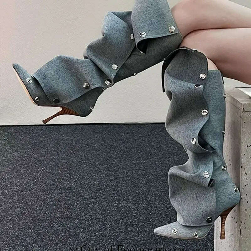KIMLUD, 2023 Stud Pleated Cowboy Boots Pointed Toe High Heels Blue\Brown Knee High Boots Sexy Luxury Runway Zip Shoes for Women Fall, as photo / 35, KIMLUD Womens Clothes