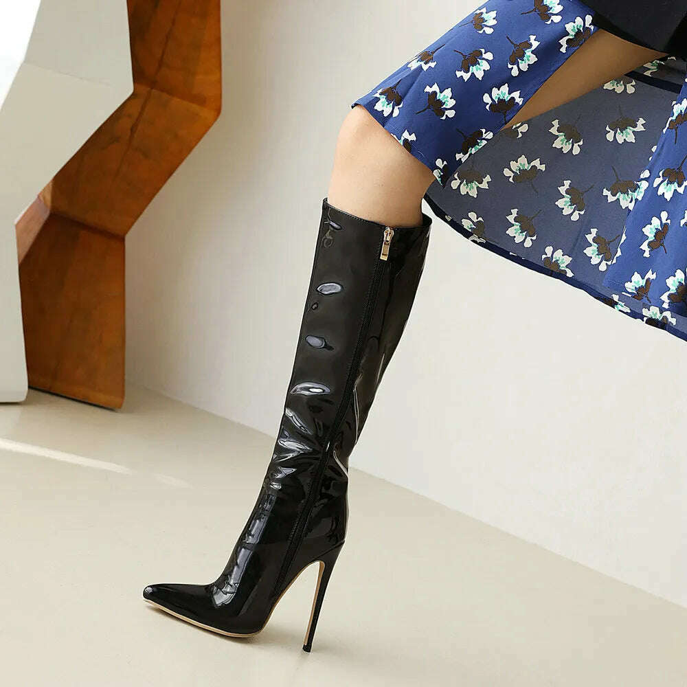 2023 Winter Women Knee High Modern Boots Patent Leather Big Size 34~46 Sexy Stiletto PU Party Shoes Botas De Invierno Para Mujer - KIMLUD