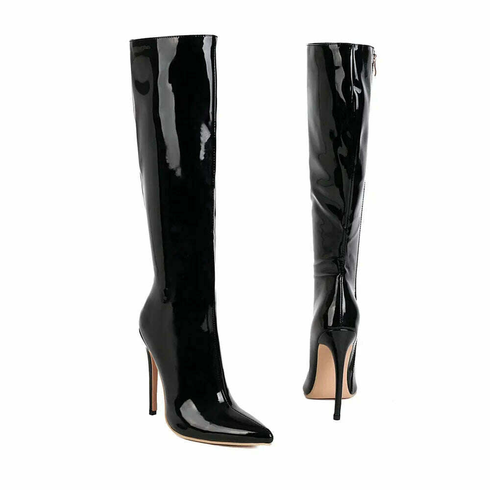 2023 Winter Women Knee High Modern Boots Patent Leather Big Size 34~46 Sexy Stiletto PU Party Shoes Botas De Invierno Para Mujer - KIMLUD