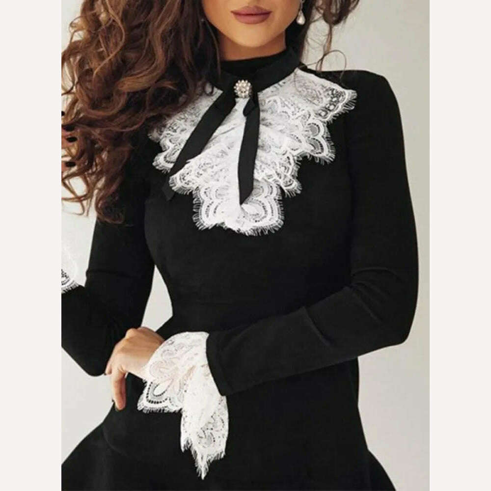 2023 Women's Dresses Fashion Elegant Sexy Long Sleeve Lace Bell Sleeve Ruffle Dress OL Classic Romantic Patchwork Mini Dress - KIMLUD