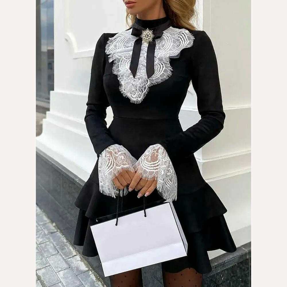 2023 Women's Dresses Fashion Elegant Sexy Long Sleeve Lace Bell Sleeve Ruffle Dress OL Classic Romantic Patchwork Mini Dress - KIMLUD