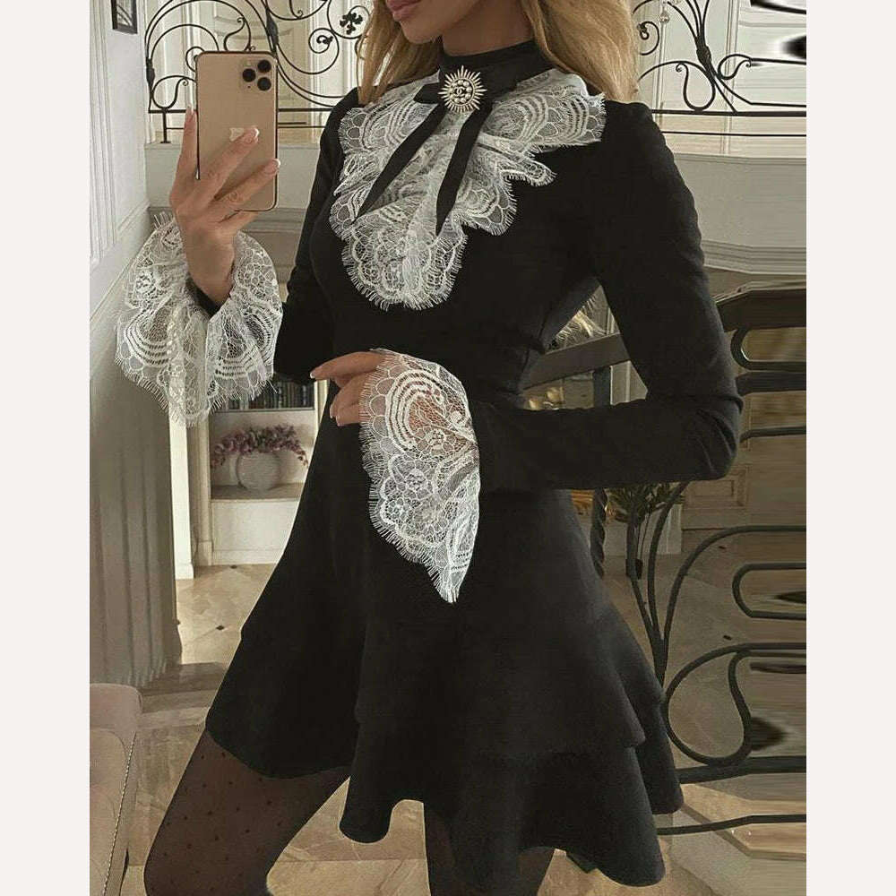 2023 Women's Dresses Fashion Elegant Sexy Long Sleeve Lace Bell Sleeve Ruffle Dress OL Classic Romantic Patchwork Mini Dress - KIMLUD