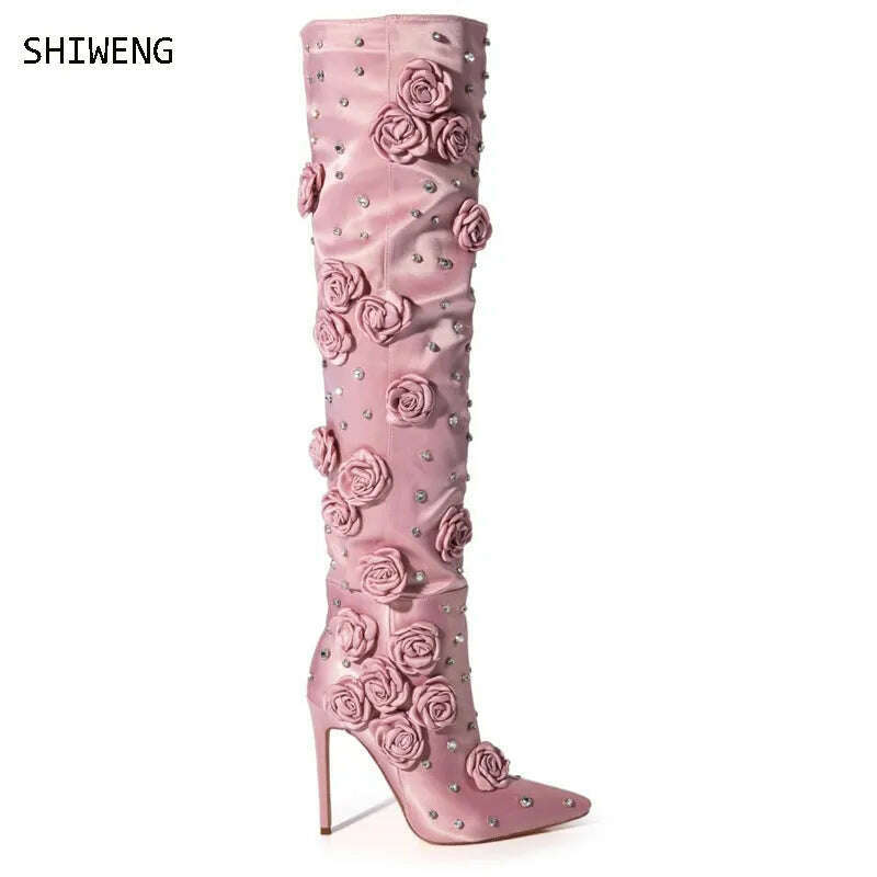 2023 Women's Pointed Toe High Heel Boots Elegant Champagne Flower Decor Boots Stiletto Gems Sequin Ladies Boots Women Shoes 44 - KIMLUD