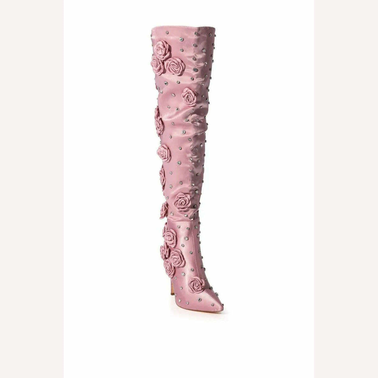 2023 Women's Pointed Toe High Heel Boots Elegant Champagne Flower Decor Boots Stiletto Gems Sequin Ladies Boots Women Shoes 44 - KIMLUD