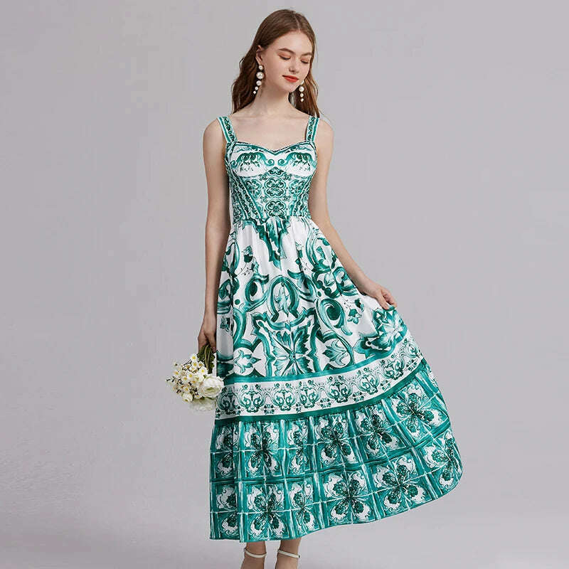 2024 Elegant Flower Print Suspender Dress Women Fashion Off Shoulder Backless Midi Dresses Chic Female Party Club Vestidos - KIMLUD
