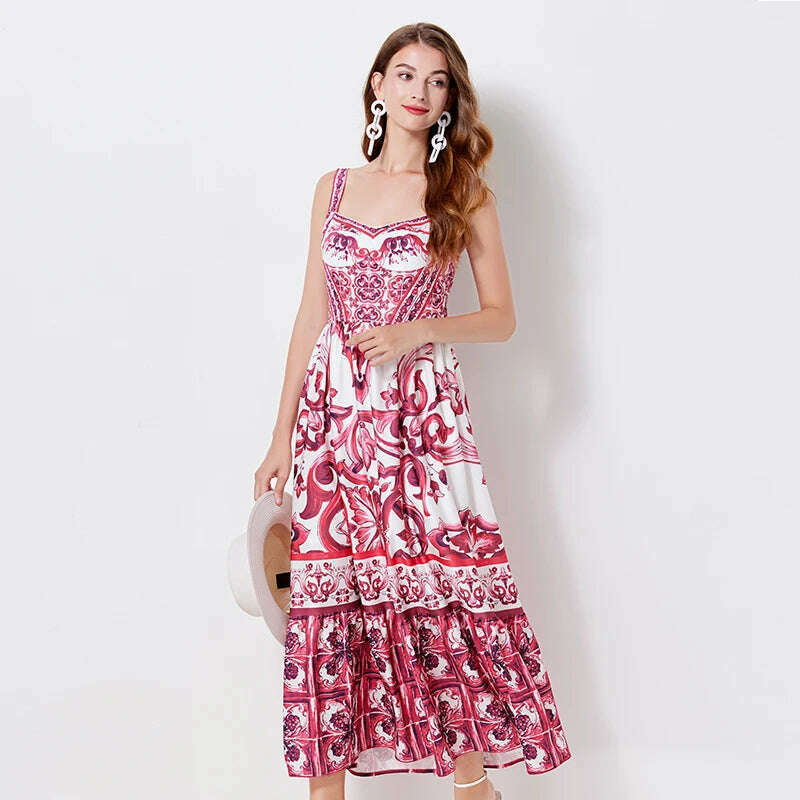 2024 Elegant Flower Print Suspender Dress Women Fashion Off Shoulder Backless Midi Dresses Chic Female Party Club Vestidos - KIMLUD
