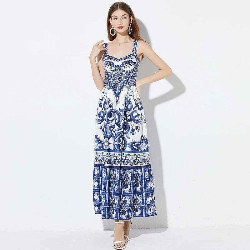 2024 Elegant Flower Print Suspender Dress Women Fashion Off Shoulder Backless Midi Dresses Chic Female Party Club Vestidos - KIMLUD