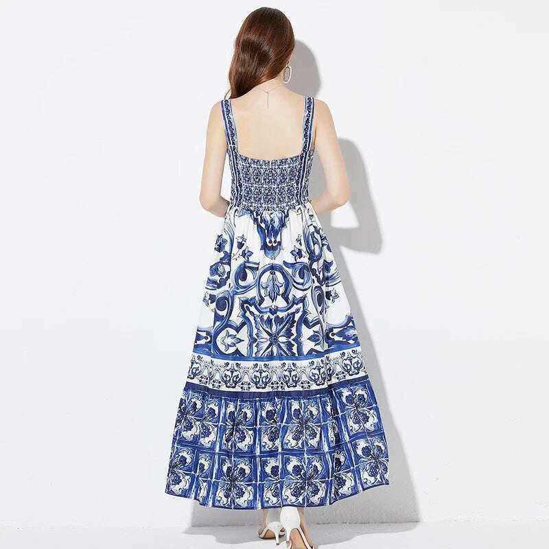 2024 Elegant Flower Print Suspender Dress Women Fashion Off Shoulder Backless Midi Dresses Chic Female Party Club Vestidos - KIMLUD
