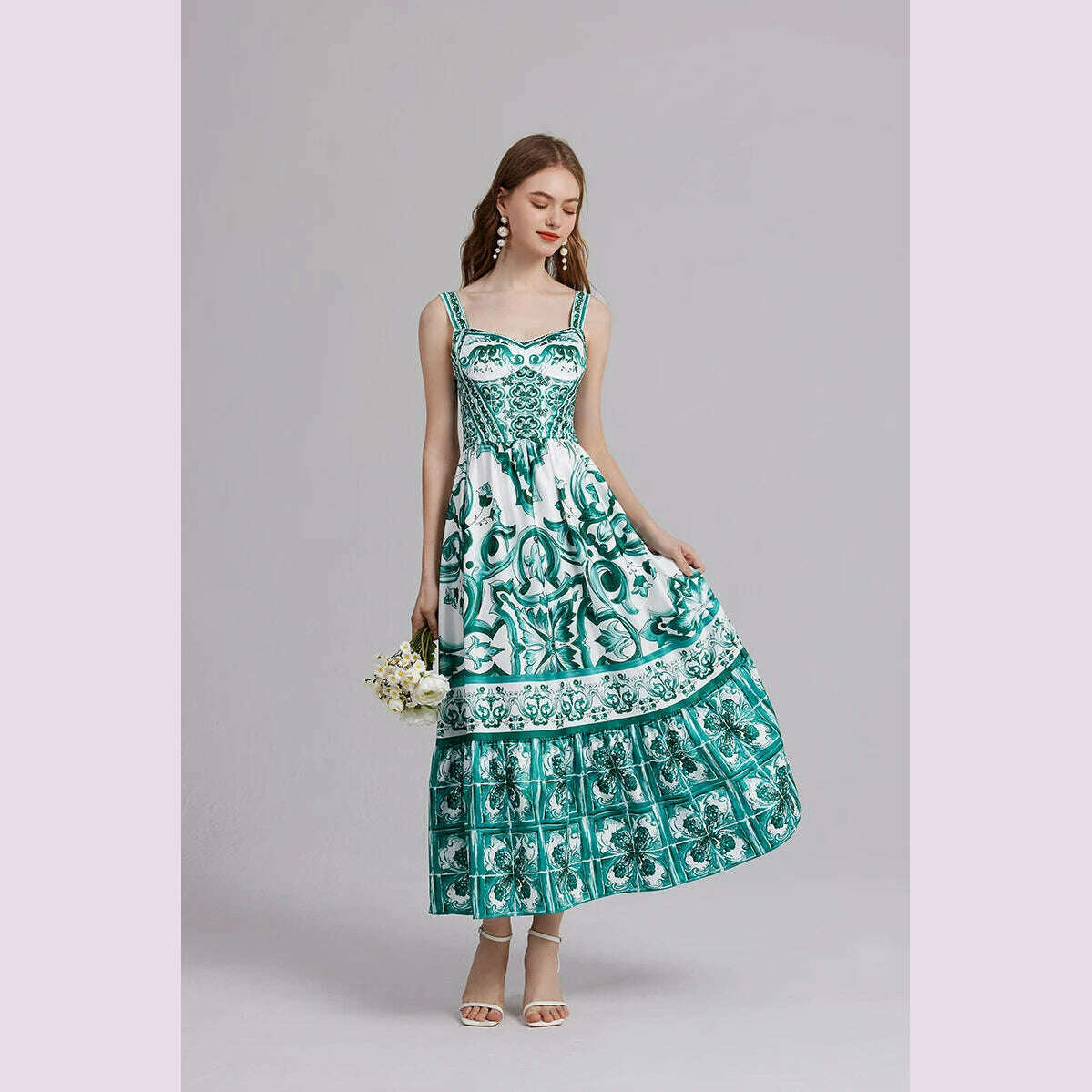 2024 Elegant Flower Print Suspender Dress Women Fashion Off Shoulder Backless Midi Dresses Chic Female Party Club Vestidos - KIMLUD