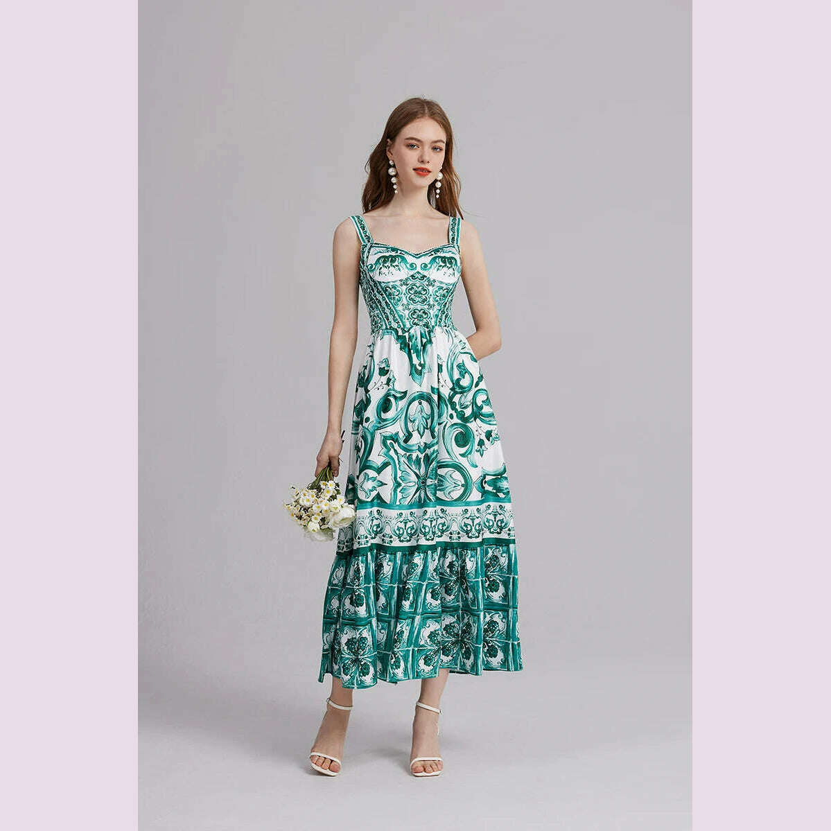 2024 Elegant Flower Print Suspender Dress Women Fashion Off Shoulder Backless Midi Dresses Chic Female Party Club Vestidos - KIMLUD