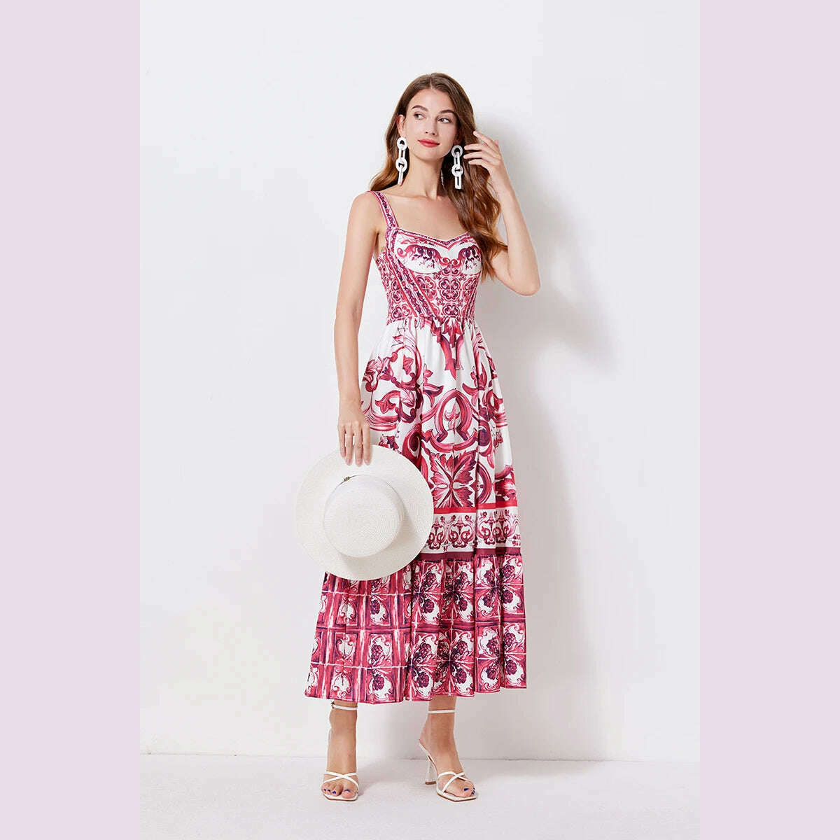 2024 Elegant Flower Print Suspender Dress Women Fashion Off Shoulder Backless Midi Dresses Chic Female Party Club Vestidos - KIMLUD