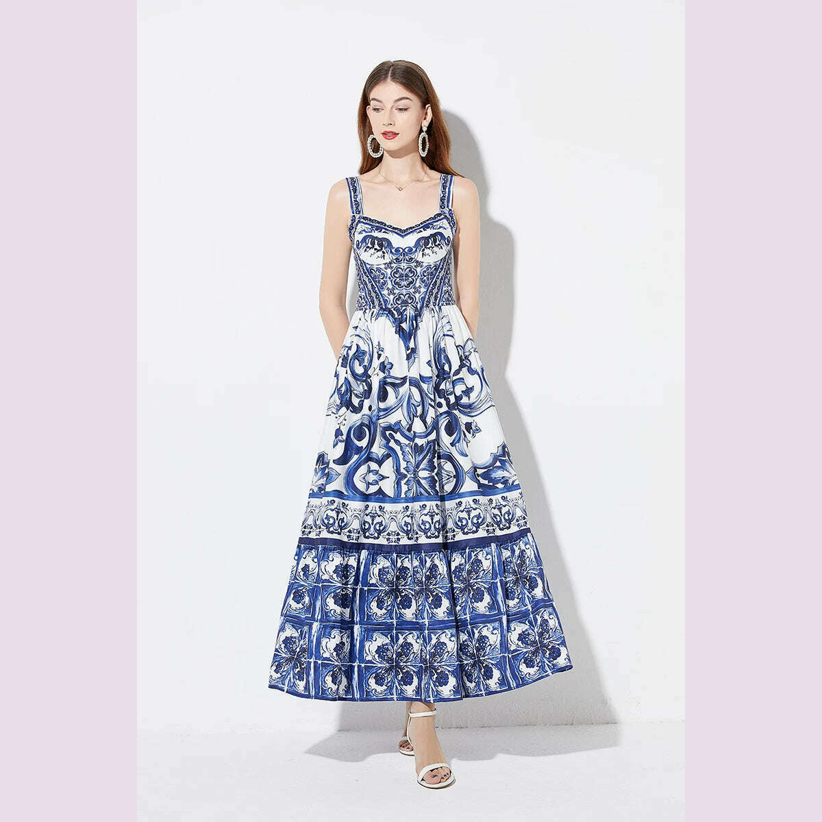 2024 Elegant Flower Print Suspender Dress Women Fashion Off Shoulder Backless Midi Dresses Chic Female Party Club Vestidos - KIMLUD
