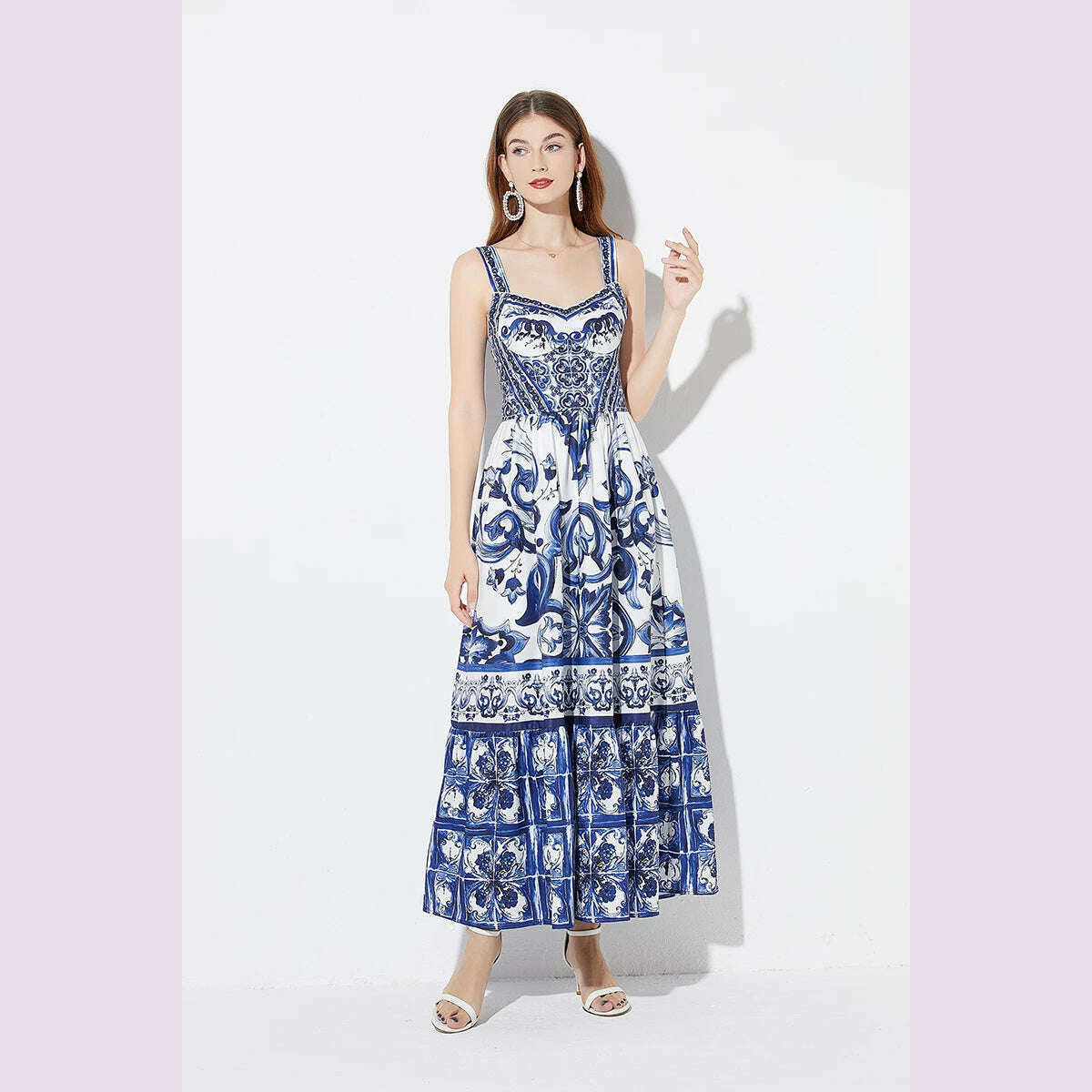 2024 Elegant Flower Print Suspender Dress Women Fashion Off Shoulder Backless Midi Dresses Chic Female Party Club Vestidos - KIMLUD
