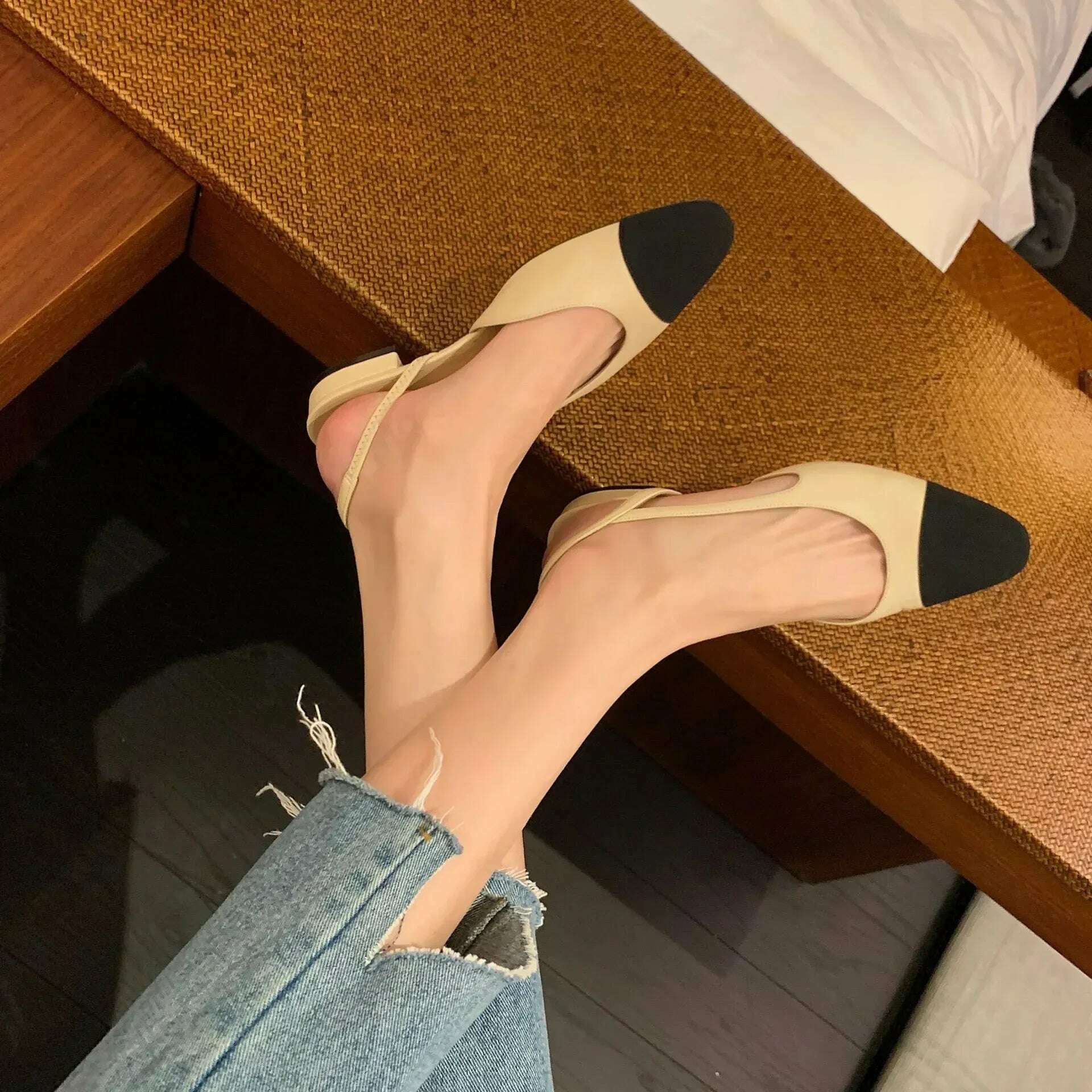 KIMLUD, 2024 Luxury Woman Flat Sandal Dress Shoes High Heels Retro Closed Square Toe Mules Shoes Girls Wedding Shoe Casual Flat Shoes, KIMLUD Womens Clothes