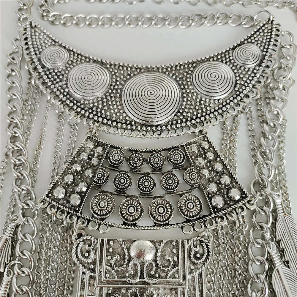 KIMLUD, 2024 New Indian Vintage Metal Chains Leaf Tassel Large Necklaces Pendants Women Punk Retro Silver Plated Statement Necklace Jewe, KIMLUD Womens Clothes