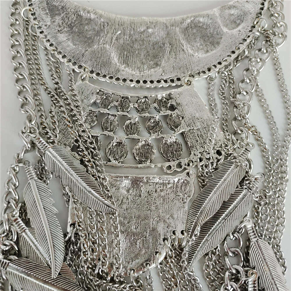 KIMLUD, 2024 New Indian Vintage Metal Chains Leaf Tassel Large Necklaces Pendants Women Punk Retro Silver Plated Statement Necklace Jewe, KIMLUD Womens Clothes