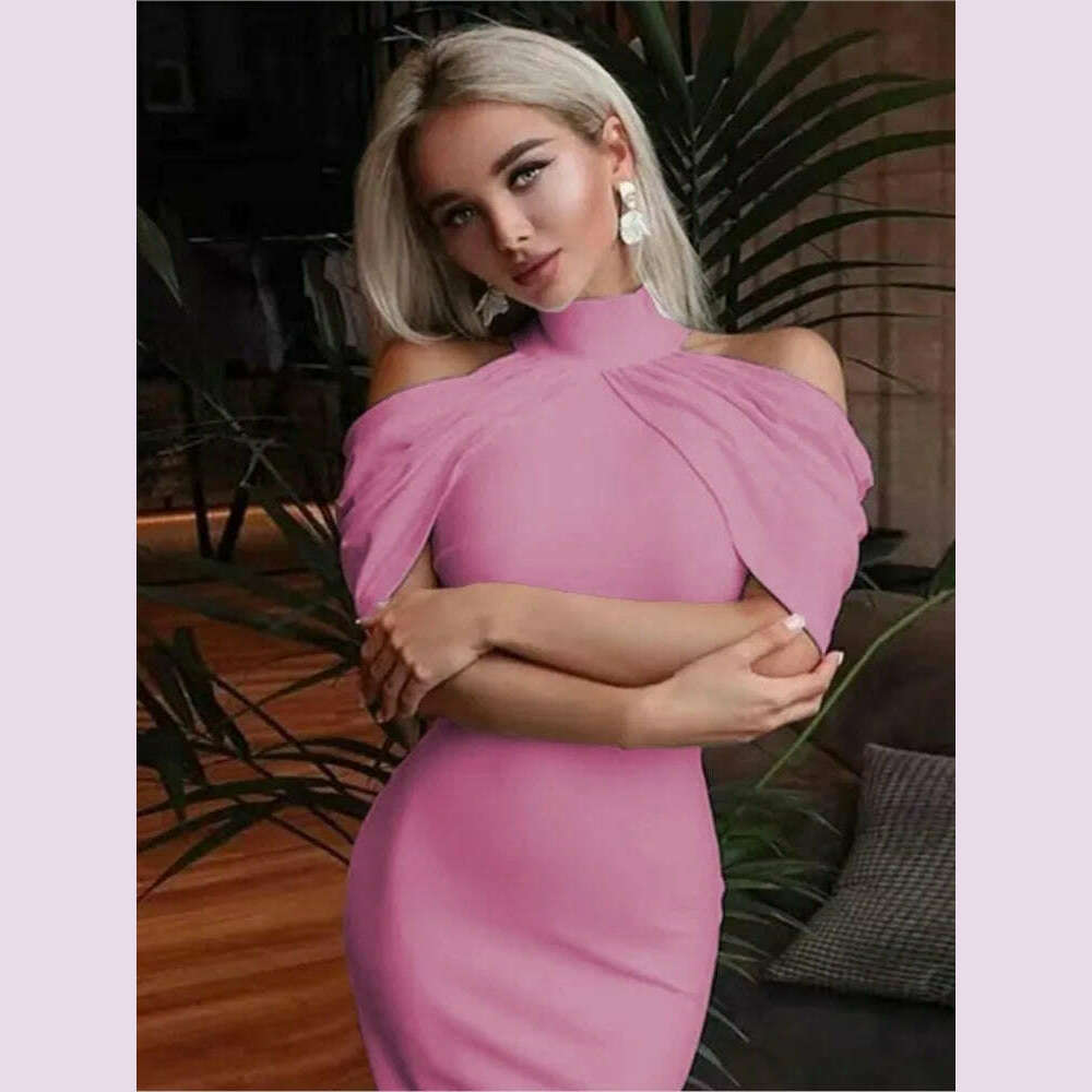 2024 New Solid Color Slim Midi Dresses Women Halter Neck Off Shoulder Package Hip Bodycon Elegant Temperament Ladies Party Dress - KIMLUD