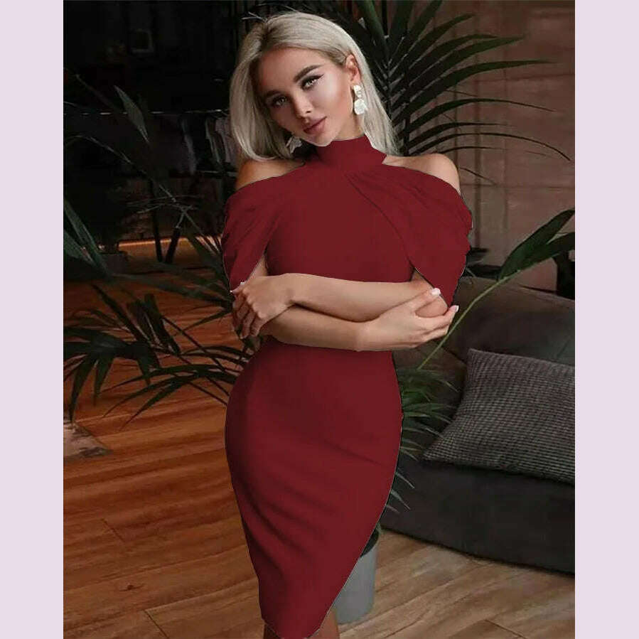 2024 New Solid Color Slim Midi Dresses Women Halter Neck Off Shoulder Package Hip Bodycon Elegant Temperament Ladies Party Dress - KIMLUD