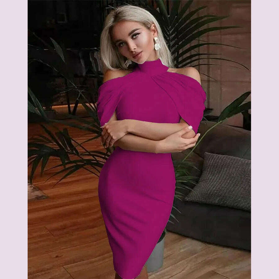 2024 New Solid Color Slim Midi Dresses Women Halter Neck Off Shoulder Package Hip Bodycon Elegant Temperament Ladies Party Dress - KIMLUD