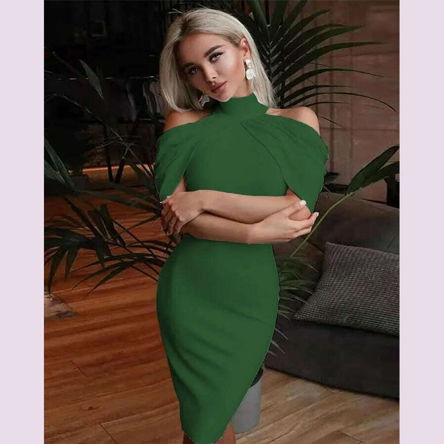 2024 New Solid Color Slim Midi Dresses Women Halter Neck Off Shoulder Package Hip Bodycon Elegant Temperament Ladies Party Dress - KIMLUD