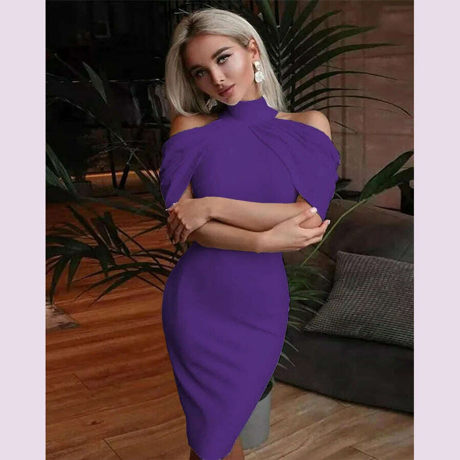 2024 New Solid Color Slim Midi Dresses Women Halter Neck Off Shoulder Package Hip Bodycon Elegant Temperament Ladies Party Dress - KIMLUD