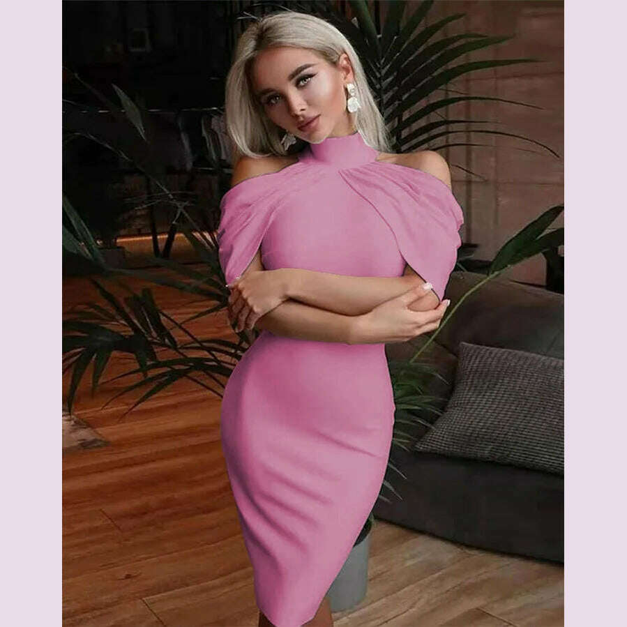 2024 New Solid Color Slim Midi Dresses Women Halter Neck Off Shoulder Package Hip Bodycon Elegant Temperament Ladies Party Dress - KIMLUD