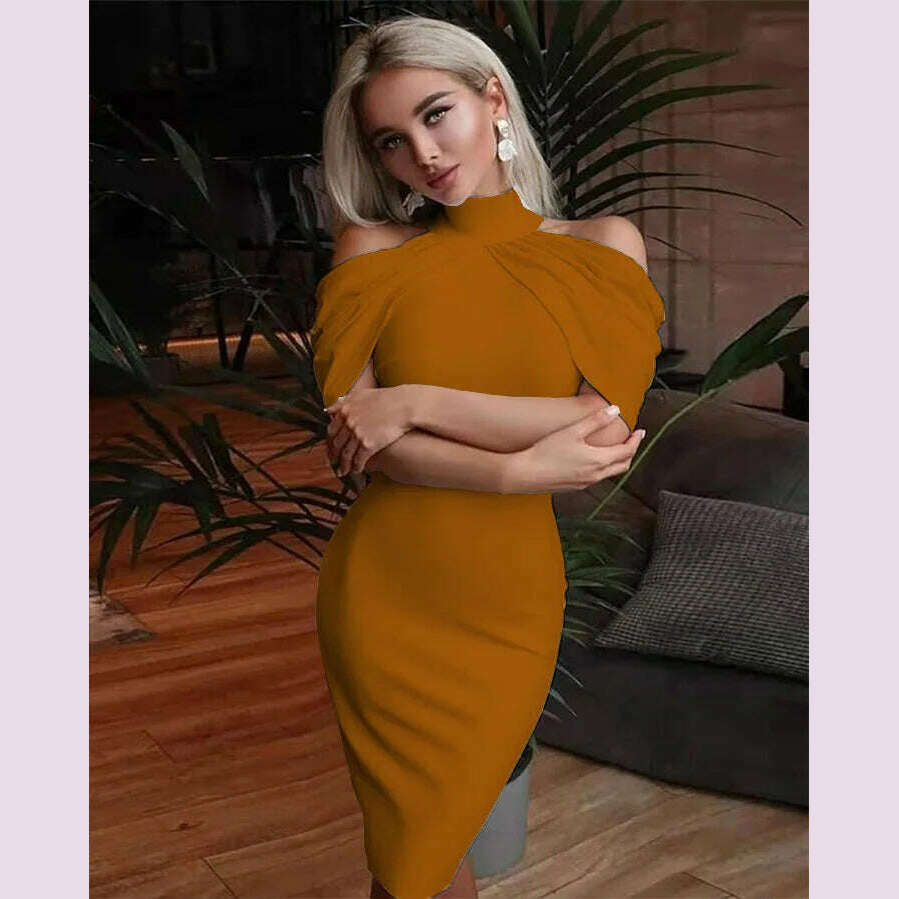2024 New Solid Color Slim Midi Dresses Women Halter Neck Off Shoulder Package Hip Bodycon Elegant Temperament Ladies Party Dress - KIMLUD