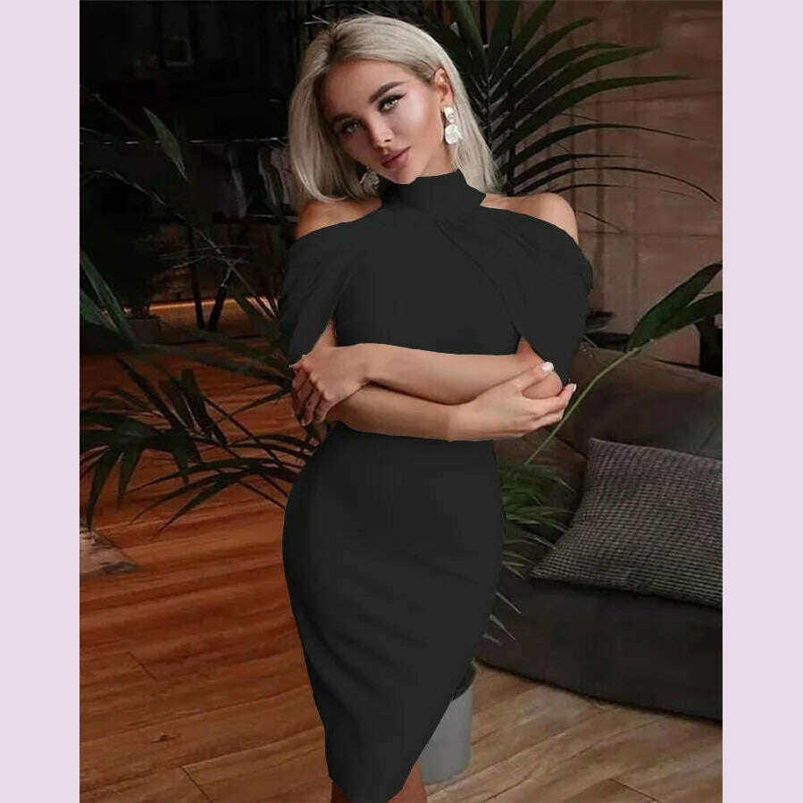 2024 New Solid Color Slim Midi Dresses Women Halter Neck Off Shoulder Package Hip Bodycon Elegant Temperament Ladies Party Dress - KIMLUD