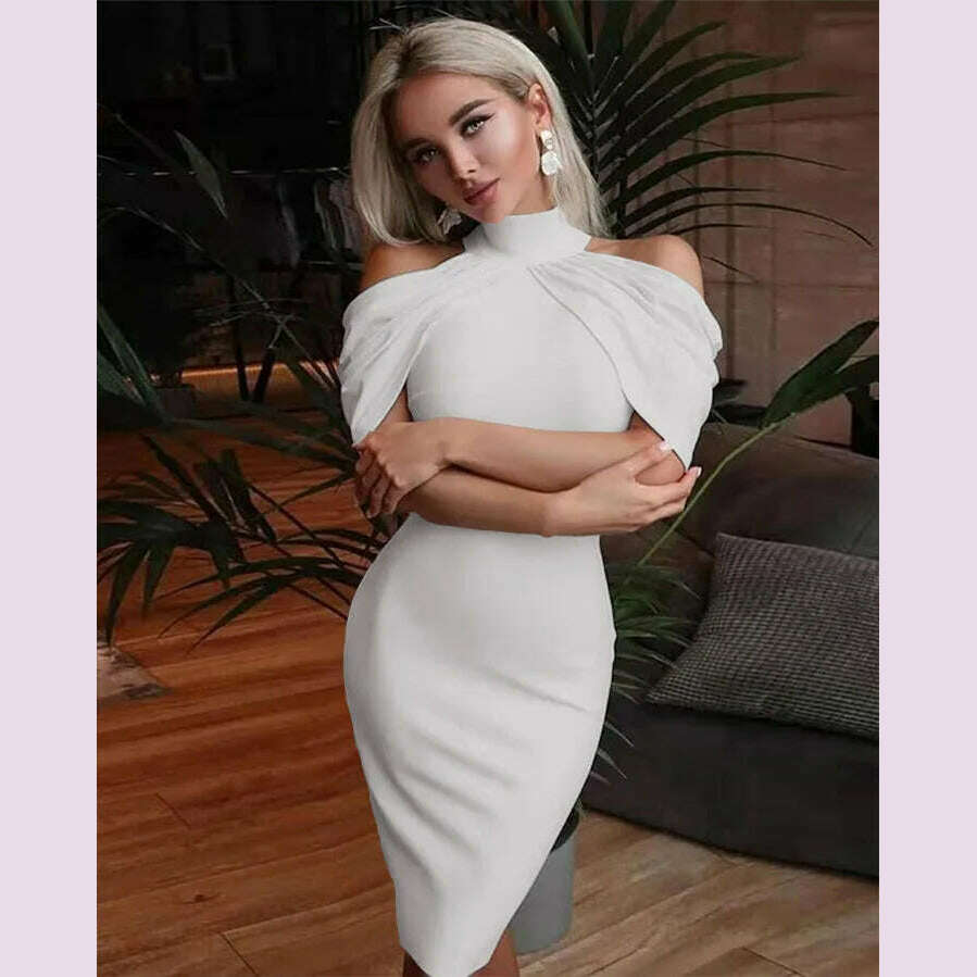 2024 New Solid Color Slim Midi Dresses Women Halter Neck Off Shoulder Package Hip Bodycon Elegant Temperament Ladies Party Dress - KIMLUD