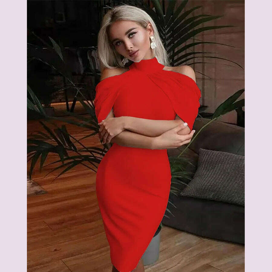 2024 New Solid Color Slim Midi Dresses Women Halter Neck Off Shoulder Package Hip Bodycon Elegant Temperament Ladies Party Dress - KIMLUD