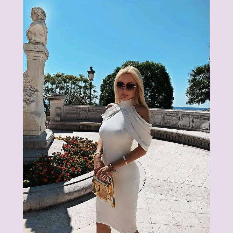 2024 New Solid Color Slim Midi Dresses Women Halter Neck Off Shoulder Package Hip Bodycon Elegant Temperament Ladies Party Dress - KIMLUD