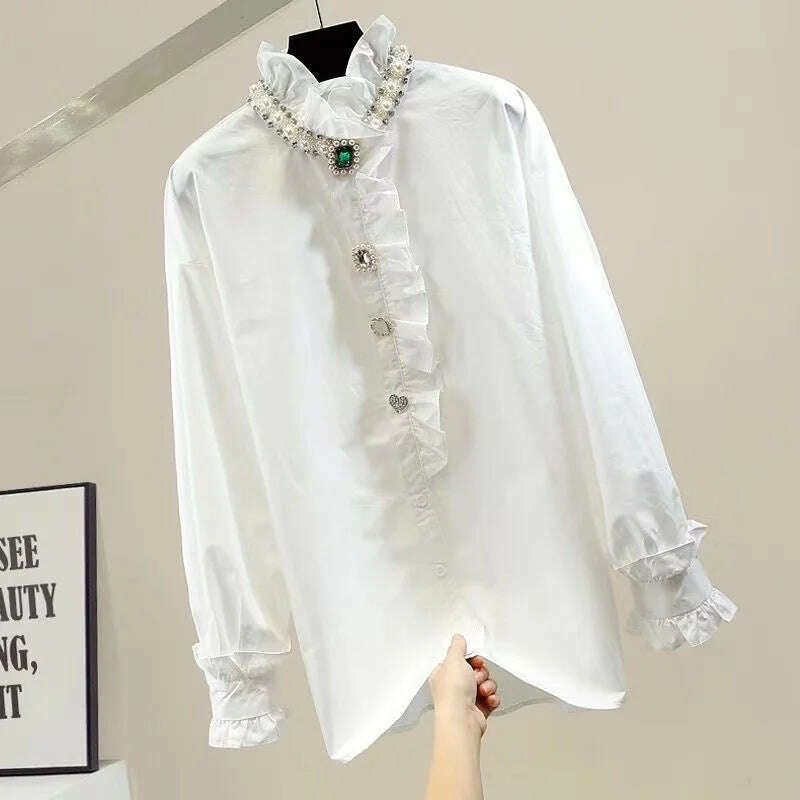 2024 Spring Autumn Fashion Black White Blouse for Women Luxury Beads Diamonds Collar Bottoming Shirt Loose Oversized 6XL Top - KIMLUD