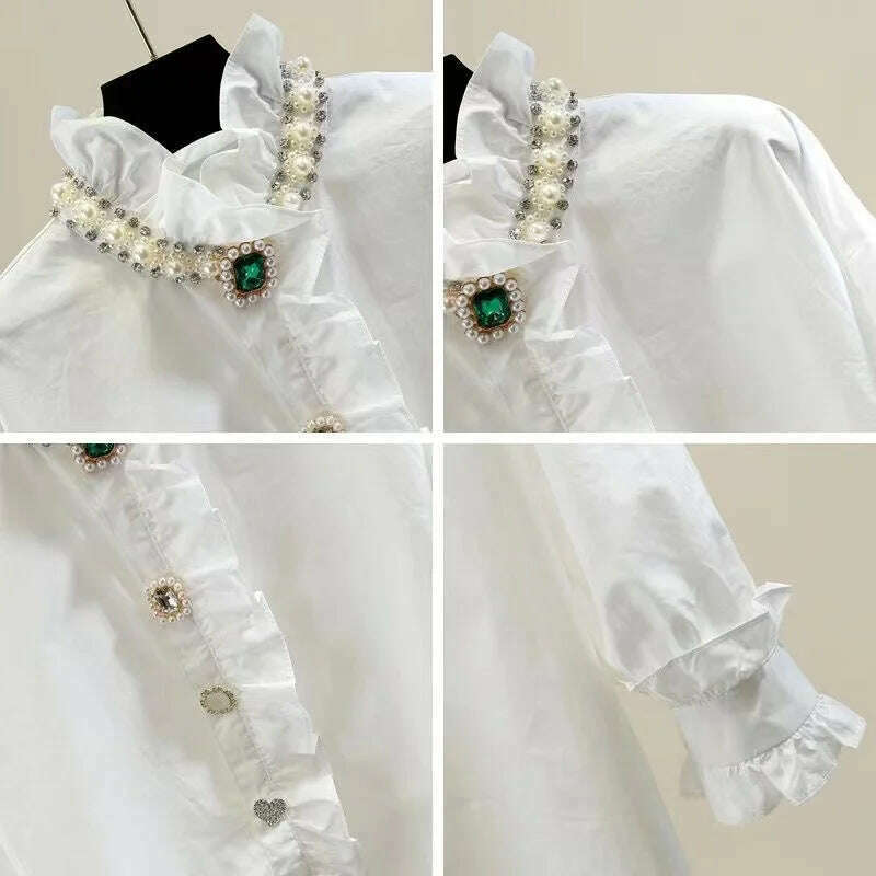 2024 Spring Autumn Fashion Black White Blouse for Women Luxury Beads Diamonds Collar Bottoming Shirt Loose Oversized 6XL Top - KIMLUD