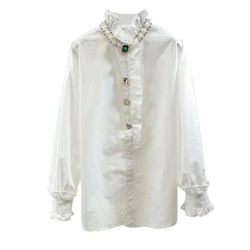 2024 Spring Autumn Fashion Black White Blouse for Women Luxury Beads Diamonds Collar Bottoming Shirt Loose Oversized 6XL Top - KIMLUD