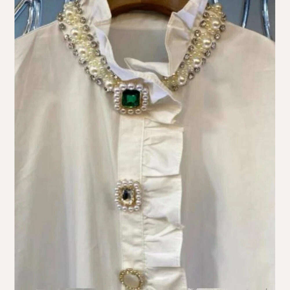 2024 Spring Autumn Fashion Black White Blouse for Women Luxury Beads Diamonds Collar Bottoming Shirt Loose Oversized 6XL Top - KIMLUD