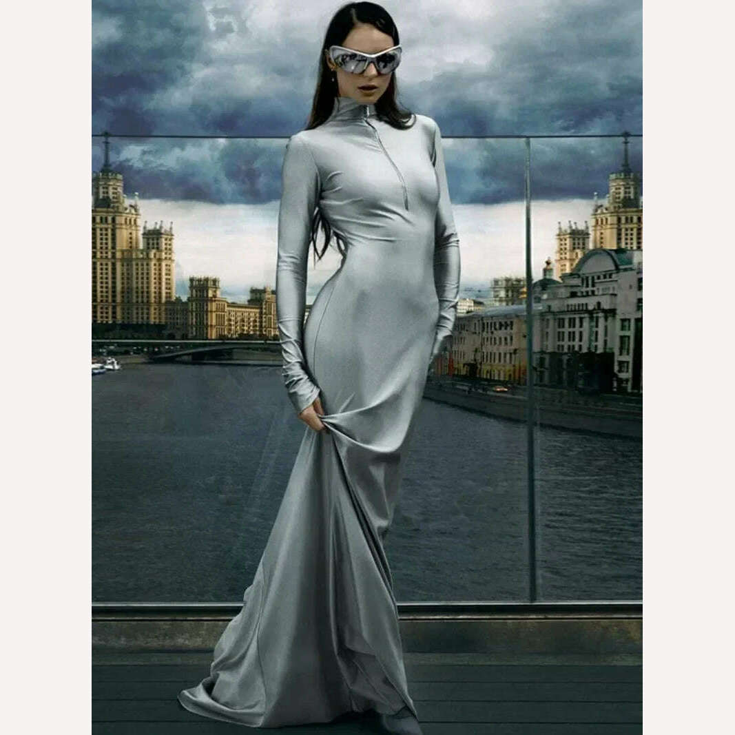 2024 Spring New in Women's Sexy Zip-up Solid Gray Long Maxi Dress High Street Elegant Ladies Slim Fit Party Night Club Dresses - KIMLUD