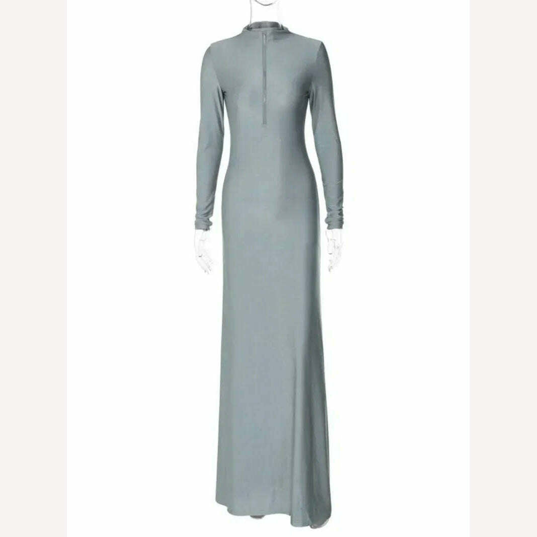 2024 Spring New in Women's Sexy Zip-up Solid Gray Long Maxi Dress High Street Elegant Ladies Slim Fit Party Night Club Dresses - KIMLUD