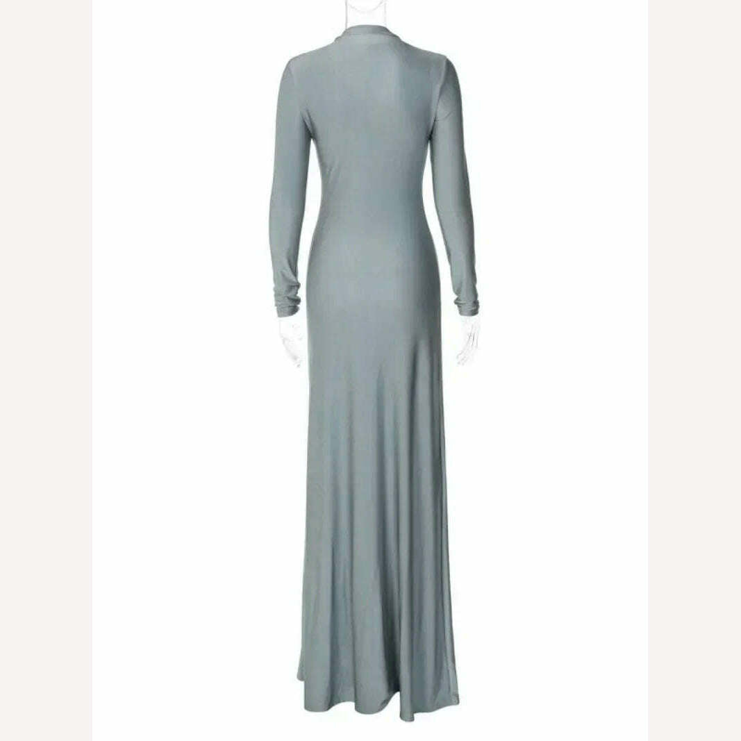 2024 Spring New in Women's Sexy Zip-up Solid Gray Long Maxi Dress High Street Elegant Ladies Slim Fit Party Night Club Dresses - KIMLUD