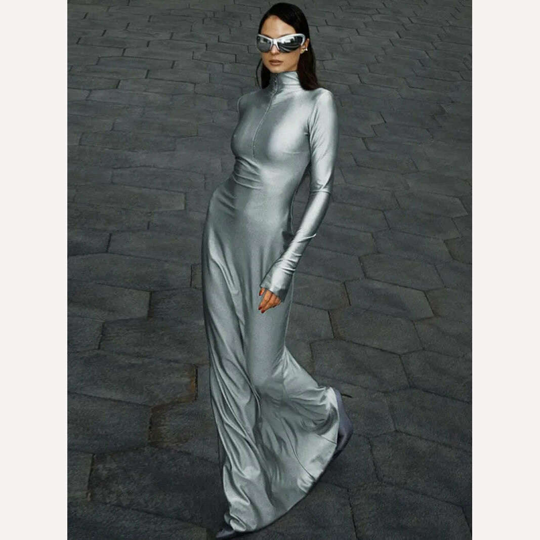 2024 Spring New in Women's Sexy Zip-up Solid Gray Long Maxi Dress High Street Elegant Ladies Slim Fit Party Night Club Dresses - KIMLUD