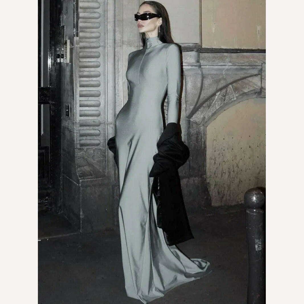 2024 Spring New in Women's Sexy Zip-up Solid Gray Long Maxi Dress High Street Elegant Ladies Slim Fit Party Night Club Dresses - KIMLUD