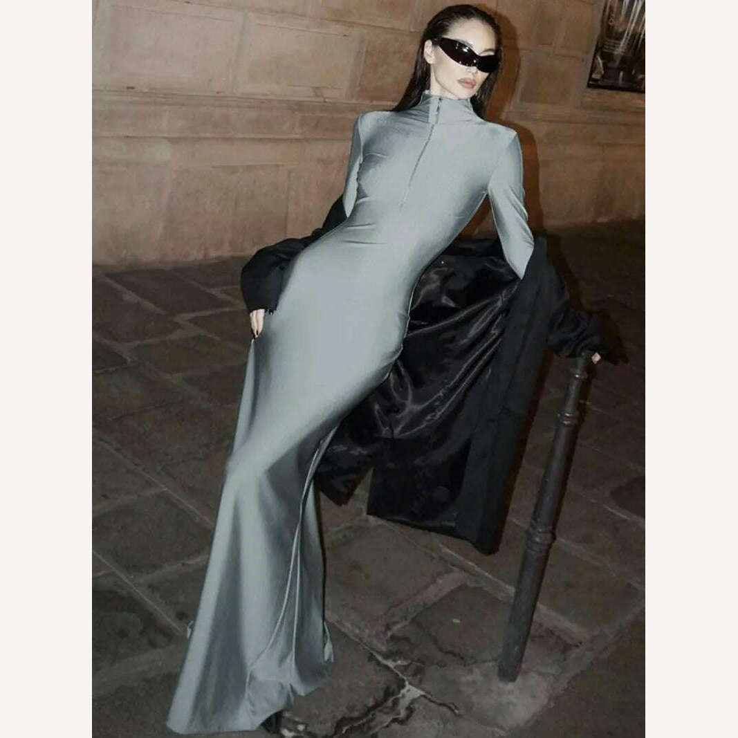 2024 Spring New in Women's Sexy Zip-up Solid Gray Long Maxi Dress High Street Elegant Ladies Slim Fit Party Night Club Dresses - KIMLUD
