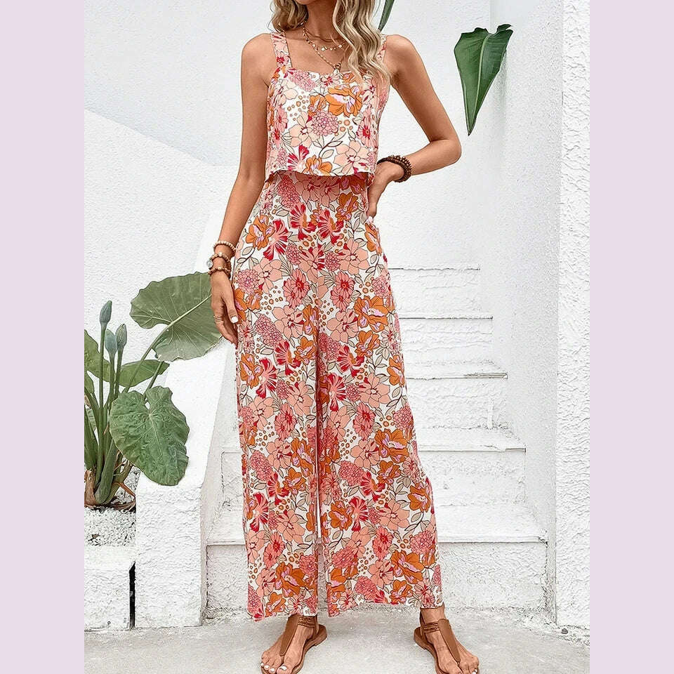 2024 Summer Elegant Long Jumpsuit Women Sexy Backless Wide Leg Casual Sleeveless Floral Rompers Summer Clothes Jumpsuits - KIMLUD