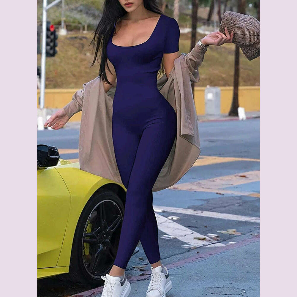 2024 Summer New Women's Round Neck Short Sleeve Slim One-piece Pants Solid Color Yoga Clothing Fitness Sports Optimal Choice - KIMLUD