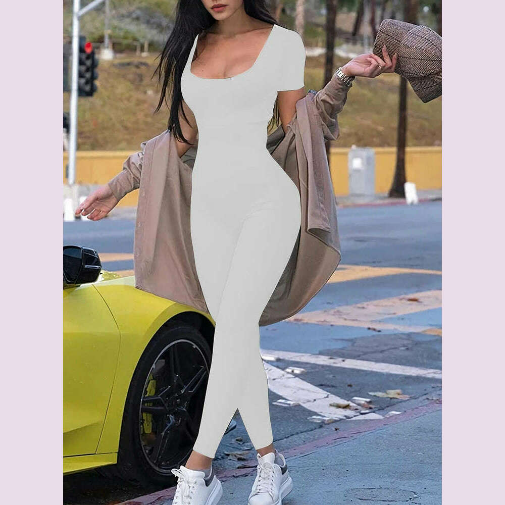2024 Summer New Women's Round Neck Short Sleeve Slim One-piece Pants Solid Color Yoga Clothing Fitness Sports Optimal Choice - KIMLUD