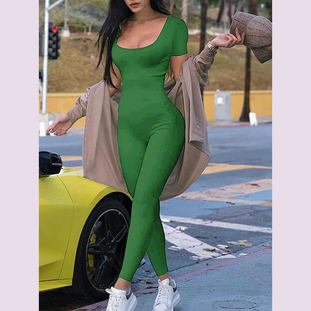 2024 Summer New Women's Round Neck Short Sleeve Slim One-piece Pants Solid Color Yoga Clothing Fitness Sports Optimal Choice - KIMLUD