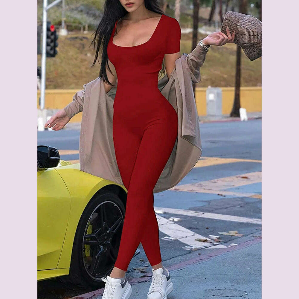 2024 Summer New Women's Round Neck Short Sleeve Slim One-piece Pants Solid Color Yoga Clothing Fitness Sports Optimal Choice - KIMLUD