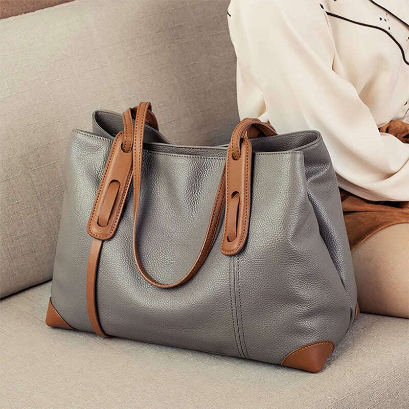 2024 Winter Spring Lichee Genuine Leather Women Shoulder Handbag Large Capacity Soft Cowhide Pacthwork Female Tote Bag - KIMLUD