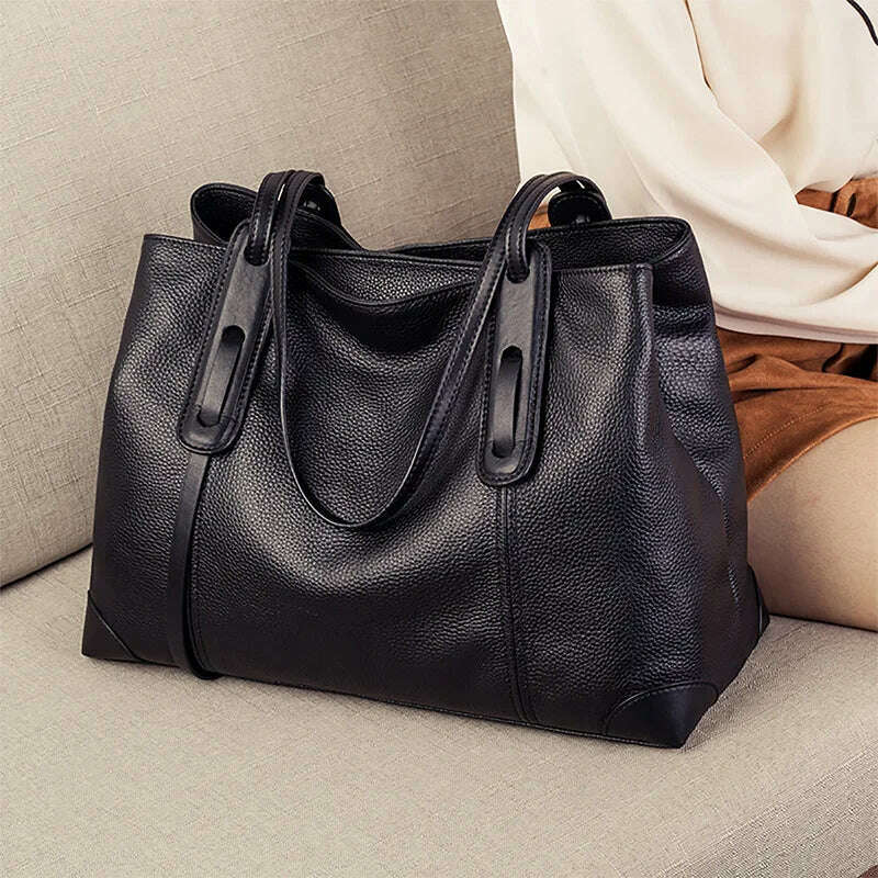 2024 Winter Spring Lichee Genuine Leather Women Shoulder Handbag Large Capacity Soft Cowhide Pacthwork Female Tote Bag - KIMLUD
